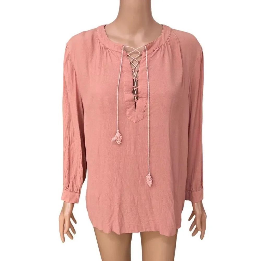 Madewell Blush Pink Lace Up Tassel Peasant Blouse size M